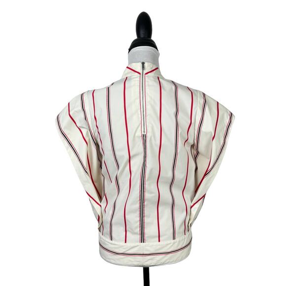 3.1 PHILLIP LIM | Ivory Red Striped Stand Collar Cap Sleeve Tie Hem Designer Top - Picture 6 of 15